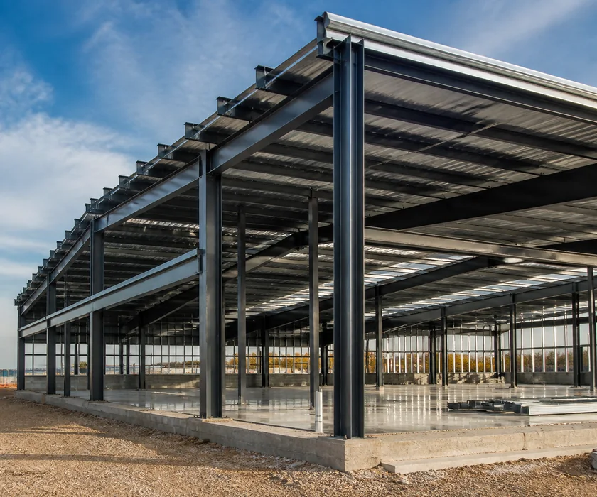 Steel beams and roofing on a modern construction project